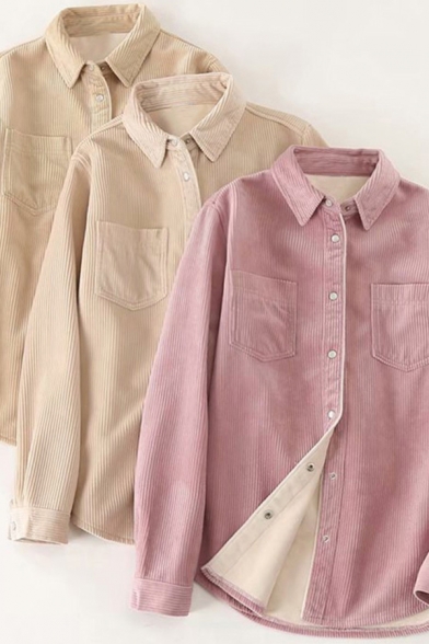Fancy Women's Shirt Blouse Solid Color Corduroy Chest Pocket Point Collar Long Sleeves Fleece Lined Regular Fitted Shirt Blouse