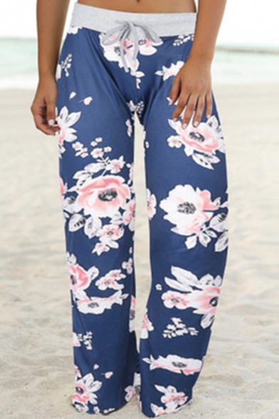 Fashion Girls Pants Sunflower Leopard Pattern Drawstring Waist Long Length Wide-leg Pants