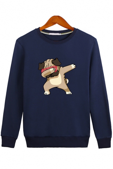 Fashion Mens Sweatshirt Cartoon Dog Print Long Sleeve Crew Neck Loose Sweatshirt