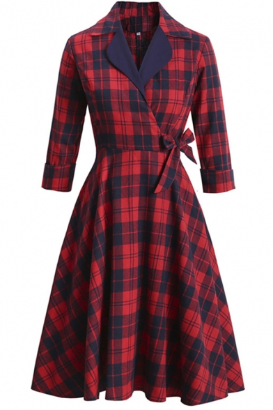Gorgeous Ladies Dress Plaid Patterned Roll-up Sleeve Notched Collar Bow-tied Waist Midi A-line Pleated Dress in Red