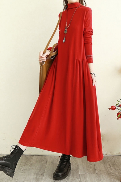 Gorgeous Ladies Dress Solid Color Long Sleeve Mock Neck Maxi A-line Dress