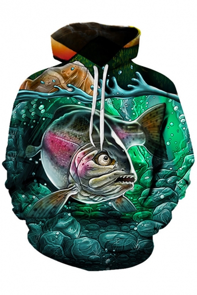 Leisure Men's Hoodie Fish 3D Print Kangaroo Pocket Long Sleeve Drawstring Hooded Sweatshirt