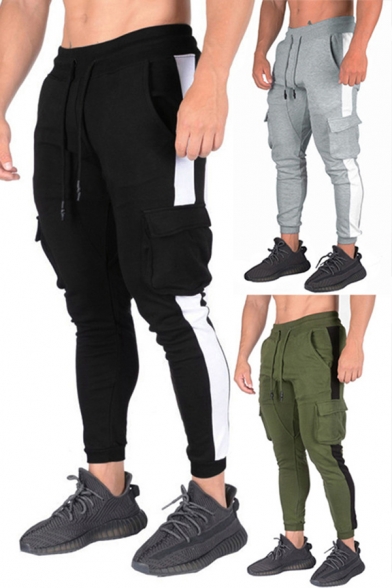 Leisure Men's Pants Contrast Panel Flap Pocket Drawstring Mid Waist Banded Cuffs Ankle Length Pants