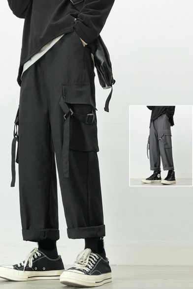 Leisure Men's Pants Solid Color Flap Pocket Buckle Design Elastic Waist Drawstring Hem Ankle Length Pants