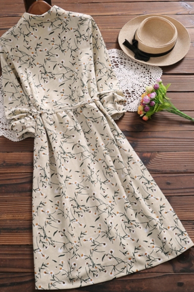 Leisure Womens Dress Ditsy Flower Print Long Sleeve Point Collar Button Up Tied Waist Mid A-line Dress
