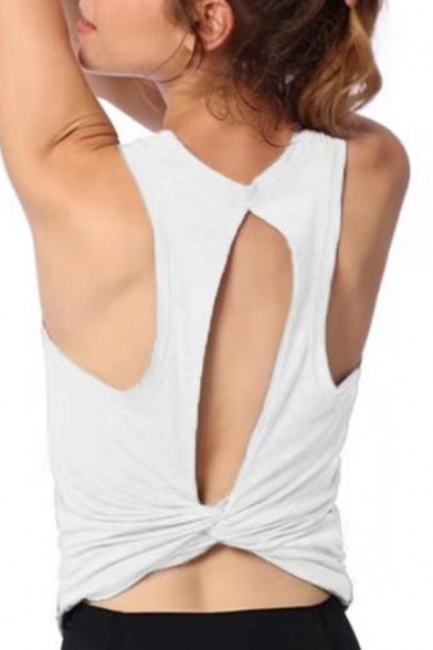 Leisure Womens Tank Top Solid Crew Neck Cut Out Twist Back Relaxed Fit Tank Top