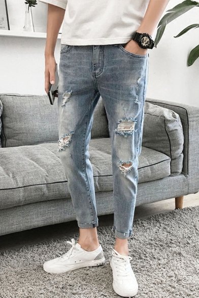 Men's New Fashion Simple Plain Light Blue Distressed Ripped Jeans