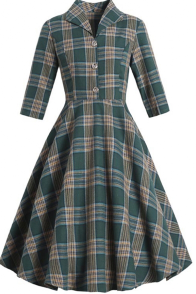 Popular Girls Dress Plaid Printed 3/4 Sleeve Turn Down Collar Button Up Mid Pleated Flared Green Dress