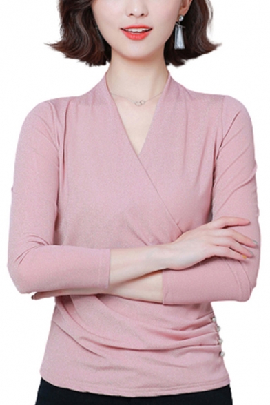 Popular Womens T Shirt Plain Glitter Long Sleeve Surplice Neck Pearl Button Side Slim Fit T Shirt