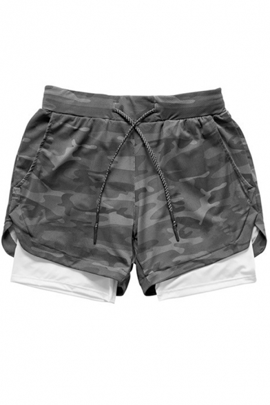 Sportswear Boys Shorts False Two Piece Drawstring Waist Camo Print Fitted Shorts