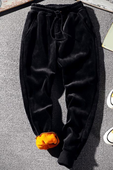 Street Boys Sweatpants Sherpa Liner Drawstring Waist Velvet Ankle Tapered Fit Sweatpants in Black