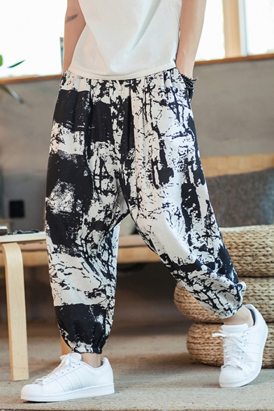 Stylish Men's Pants Graphic Pattern Banded Cuffs Side Pocket Drawstring Waist Ankle Length Jogger Pants