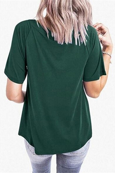 Stylish Women's Tee Top Solid Color Hollow out V Neck Short Sleeves Regular Fitted T-Shirt