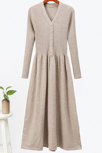 Trendy Ladies Dress Knit Long Sleeve V-neck Button Up Solid Color Mid A-line Dress