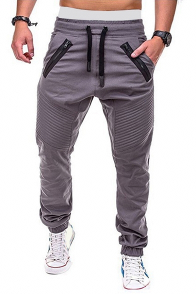 Trendy Men's Pants Pleated Design Contrast Piping Zip Pocket Elastic Drawstring Waist Banded Cuffs Ankle Length Pants