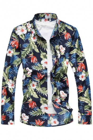 Tropical Style Shirt Floral Leaf Pattern Button Closure Long Sleeves Turn-down Collar Regular Fitted Shirt