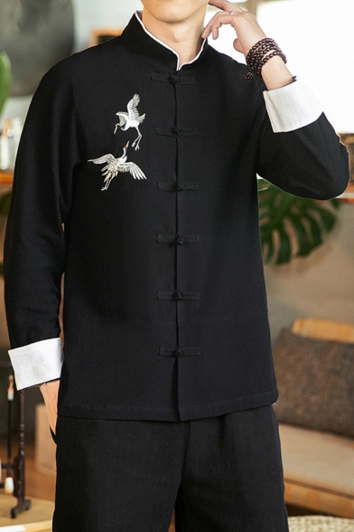 Unique Men's Shirt Crane Embroidered Horn Button Mock Neck Long Sleeve Regular Fitted Shirt