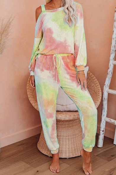 Unique Women's Set Tie Dye Pattern Hollow out Long Sleeves Regular Fitted Tee Top with Drawstring Waist Banded Cuffs Pants Co-ords