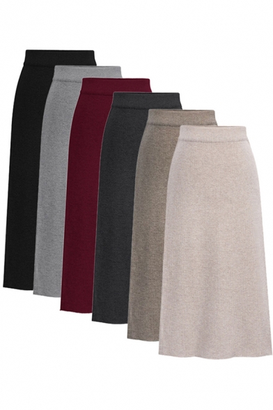 Womens Elegant Skirt Solid Color Knitted Elastic Waist Slit Back Mid A-line Skirt