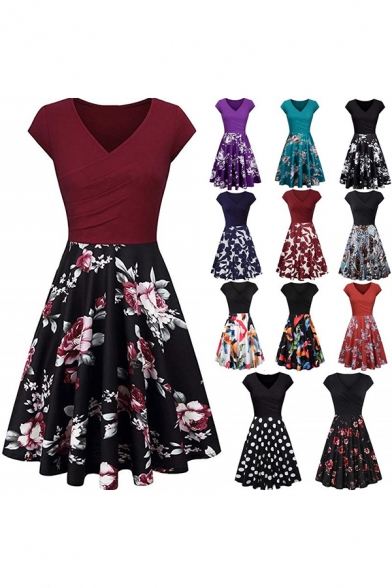 Womens Popular Dress Floral Printed Short Sleeve V-neck Mid Pleated A-line Tee Dress