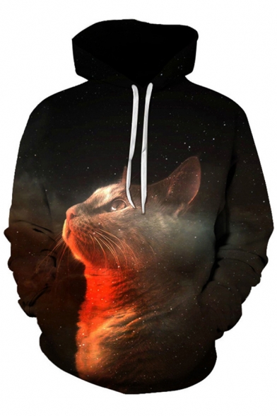 Youthful Men's Hoodie Cat Digital 3D Print Kangaroo Pocket Long Sleeve Drawstring Hooded Sweatshirt