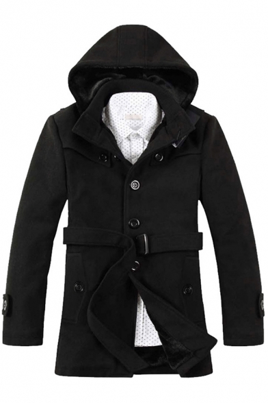 Casual Men's Jacket Solid Color Button Closure Long Sleeves Stand Collar Hooded Jacket with Waist Belt