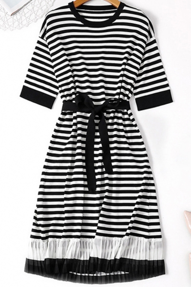 Casual Womens Dress Stripe Printed Short Sleeve Crew Neck Bow-tied Waist Short A-line Tee Dress in Black-white