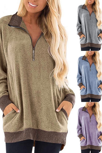 Casual Womens Sweatshirt Contrasted Long Sleeve Stand Collar Zip Up Tunic Relaxed Fit Pullover Sweatshirt