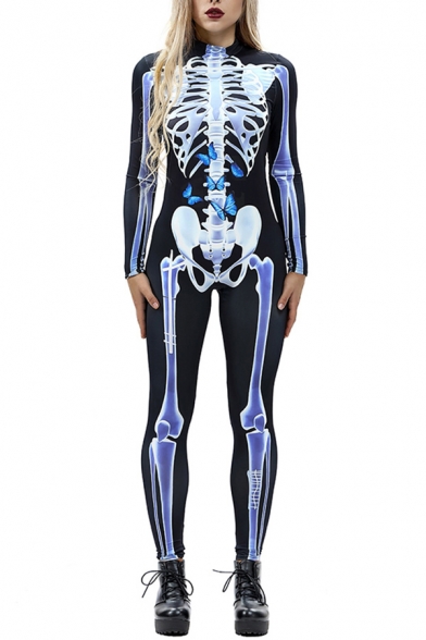 Chic Girls Jumpsuit Skeleton Printed Long Sleeve Mock Neck Ankle Skinny Jumpsuit
