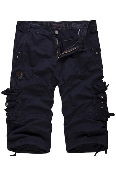 Elegant Men's Shorts Flap Pocket Zip Fly Panel Solid Color Drawstring Hem Mid Waist Knee Length Shorts