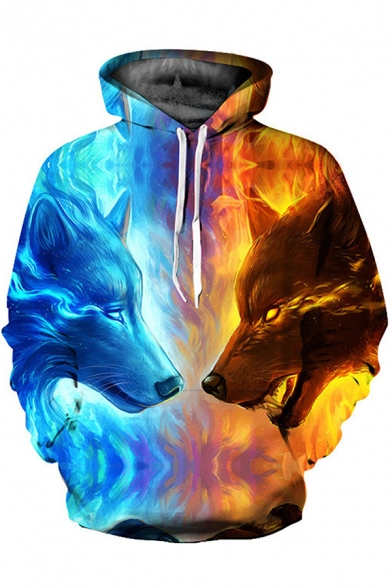 Fancy Men's Hoodie Wolf Digital 3D Print Front Pocket Long Sleeve Drawstring Hooded Sweatshirt