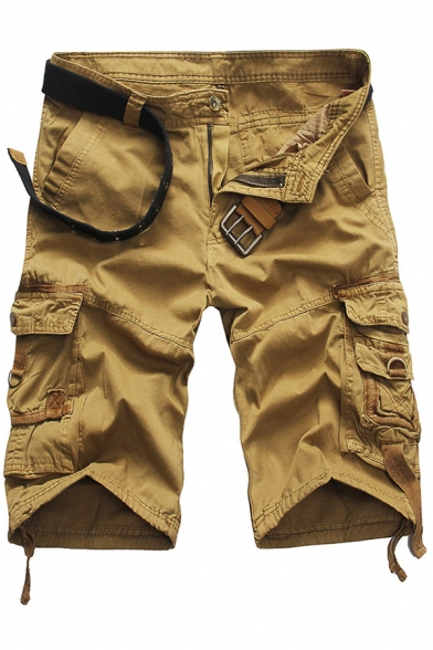 Fancy Men's Shorts Solid Color Zip Fly Pocket Mid Waist Flap Pocket Straight Regular Fitted Shorts
