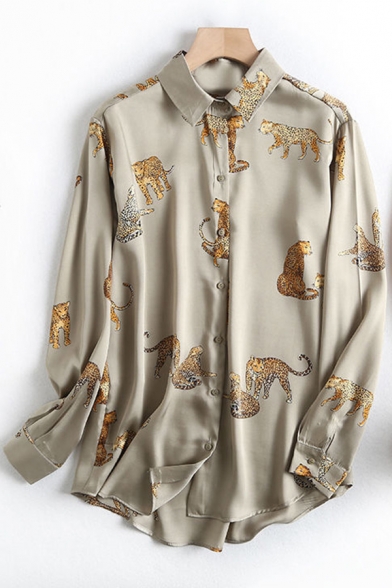 Fancy Women's Shirt Blouse Tiger Pattern Satin Button Closure Point Collar Long Sleeve Regular Fitted Shirt Blouse
