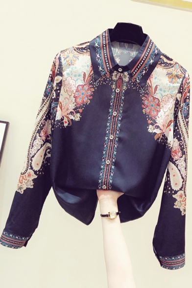 Fancy Women's Shirt Contrast Panel Paisley Pattern Button Fly Point Collar Long Sleeves Regular Fitted Shirt Blouse