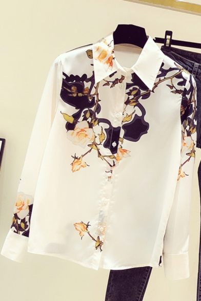 Fancy Women's Shirt Floral Pattern Button Fly Point Collar Long Sleeves Regular Fitted Shirt Blouse