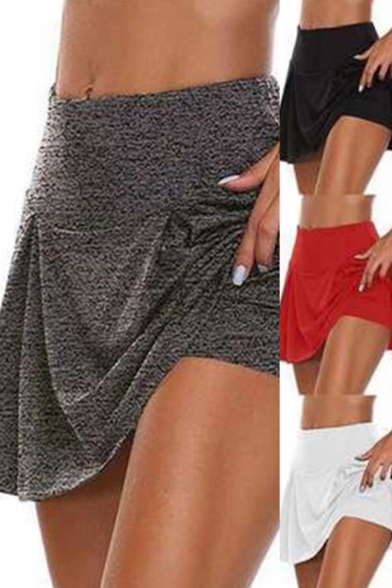Fancy Women's Skirt Faux Twinset Shorts Lined High Rise Solid Color Heathered Mini Skirt