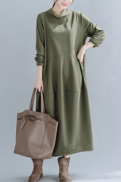 Fancy Women's Swing Dress Solid Color Cowl Neck Tiered Long Sleeves Relaxed Fit Swing Dress