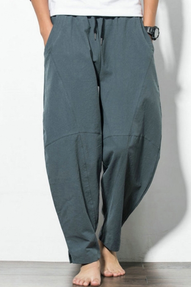 Leisure Men's Pants Solid Color Ankle Length Side Pocket Drawstring Waist Long Tapered Pants