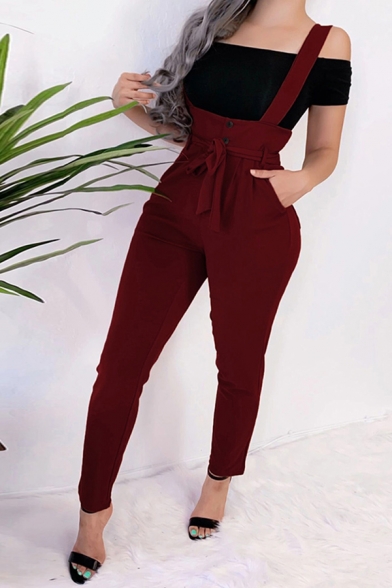 Leisure Women's Jumpsuit Solid Color Button Detail Strap Pocket Detail Ankle Length Tapered Jumpsuit