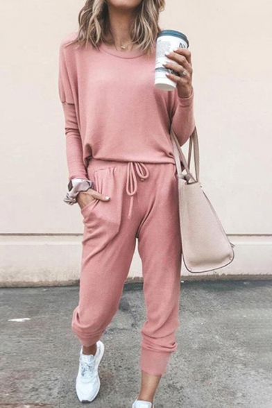 Leisure Women's Set Solid Color Round Neck Long Sleeves Regular Fitted T-Shirt with Drawstring Waist Long Pants Co-ords