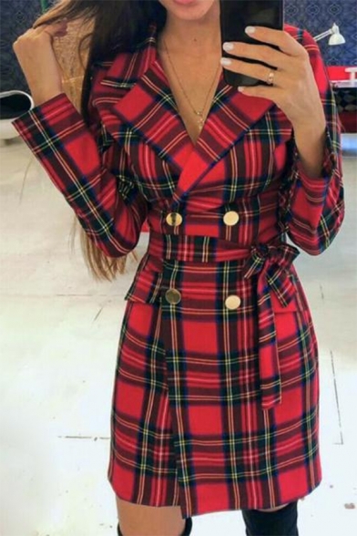 Red Check Pattern Lapel Collar Printed Double Breasted Longline Blazer Coat