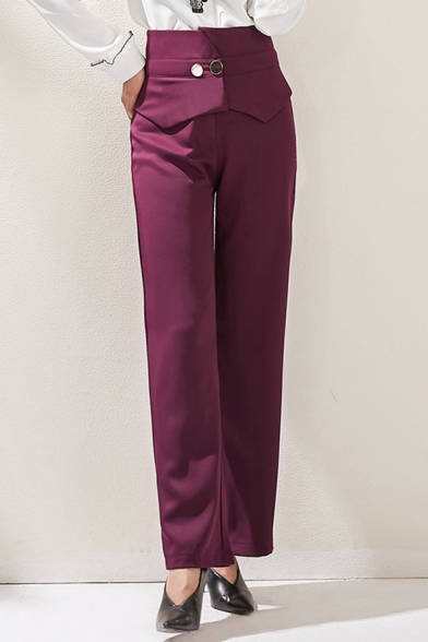 Simple Womens Pants Plain High Rise Long Length Flared Fit Pants in Purple