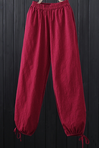 Simple Womens Pants Solid Color Elastic Waist Jacquard Linen and Cotton Tied Cuffs Baggy Pants