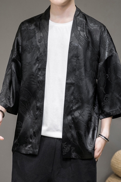 Stylish Men's Coat Satin Dragon Pattern Open Front Long Sleeve Relaxed Fit Coat