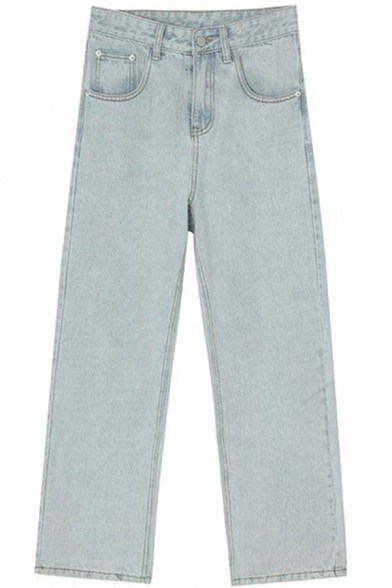 Trendy Men's Jeans Light Wash Mid Waist Zip Fly Long Straight Jeans