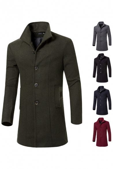 Trendy Men's Woolen Coat Solid Color Button Fly Side Pocket Stand Collar Long Sleeves Regular Fitted Woolen Coat
