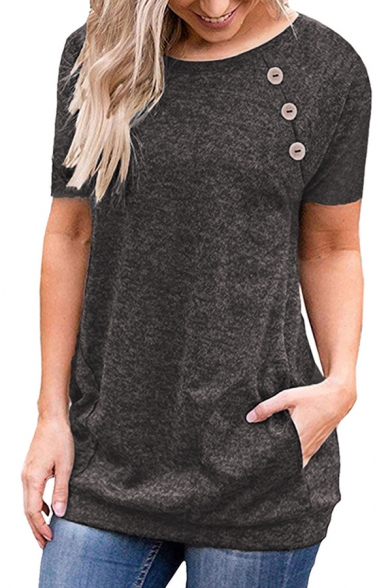 Trendy Women's Tee Top Round Neck Long Sleeves Pocket Detail Regular Fitted T-Shirt