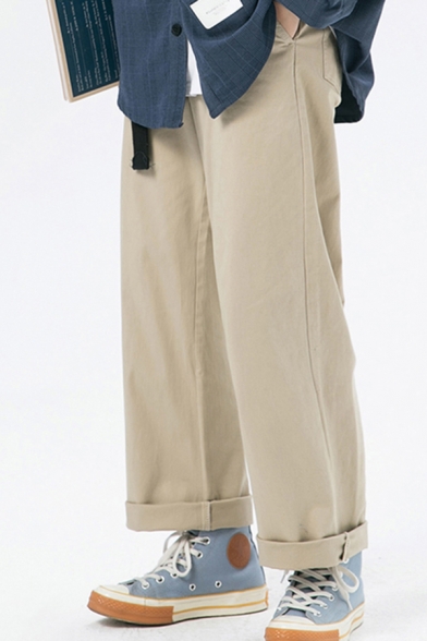 Unique Men's Pants Solid Color Mid Waist Pocket Detail Zip Fly Long Pants