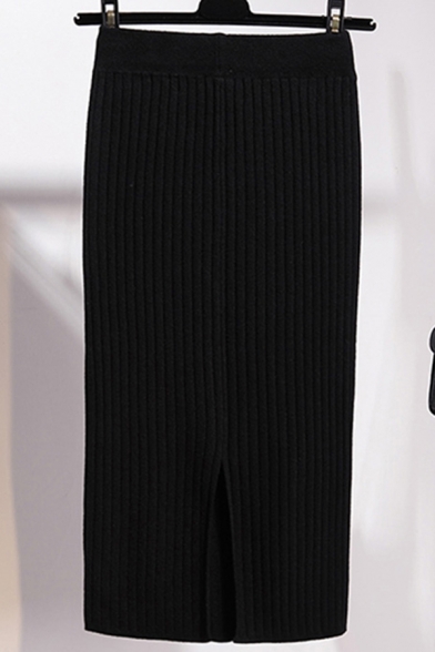 Basic Women's Skirt Solid Color Ribbed Knit Split Back Elastic Waist Knitted Tube Skirt
