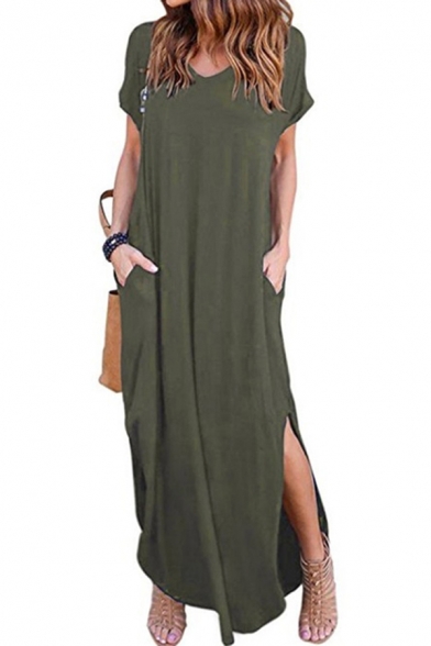 Basic Women's T-Shirt Dress Solid Color Side Split Scoop Neck Short Sleeves Front Pocket Relaxed Fit Long T-Shirt Dress